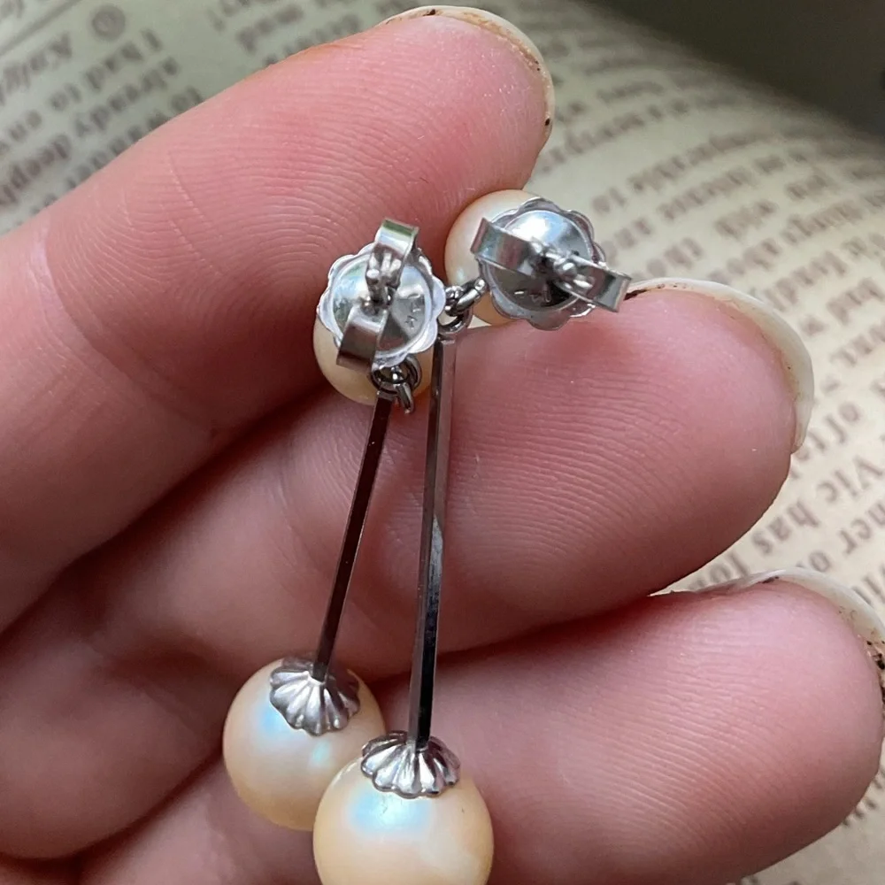 14k White Gold Backs Faux Pearl Dangle Drop Earrings